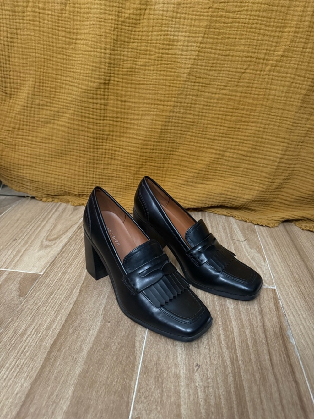 Marc Fisher Black Kiltie Block Heel Loafers
